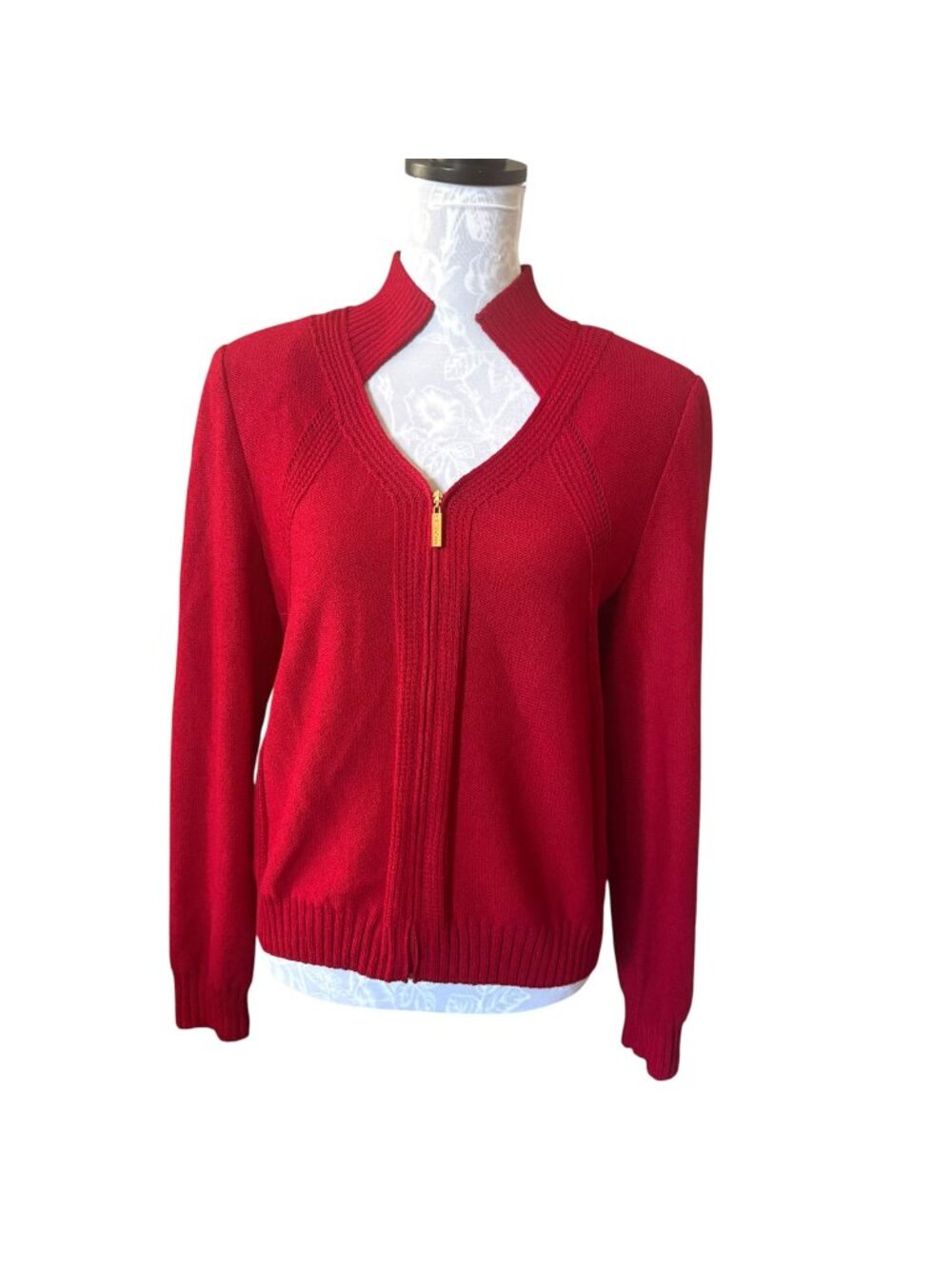 St John Santana Knit Wool Sweater Zip Up Jacket Bright Red Womens Medium